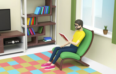 Man is sitting in an armchair next to the window and reading a book. 3D illustration