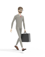 Young businessman in a gray suit is walking with a suitcase. White background. 3D illustration