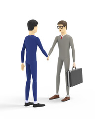 Young businessmen in suits are greeting each other and shaking hands. White background. 3D illustration