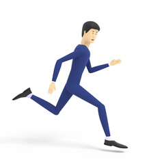 Young man in a blue suit is quickly running somewhere. White background. 3D illustration