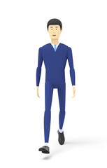 Young man in a blue suit is walking forward. White background. 3D illustration