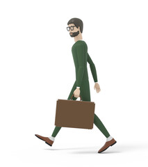 Young man in a green suit with a suitcase is walking. White background. 3D illustration