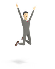 Young man wearing gray suit is joyfully jumping because of luck. White background. 3D illustration