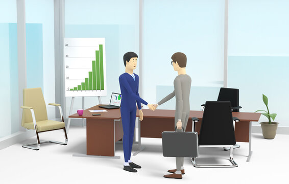 Two businessmen are greeting each other in the office and shaking hands. 3D illustration