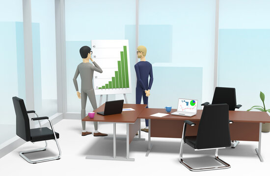Two businessmen are standing in the office in front of a stand with a chart and conferring. 3D illustration