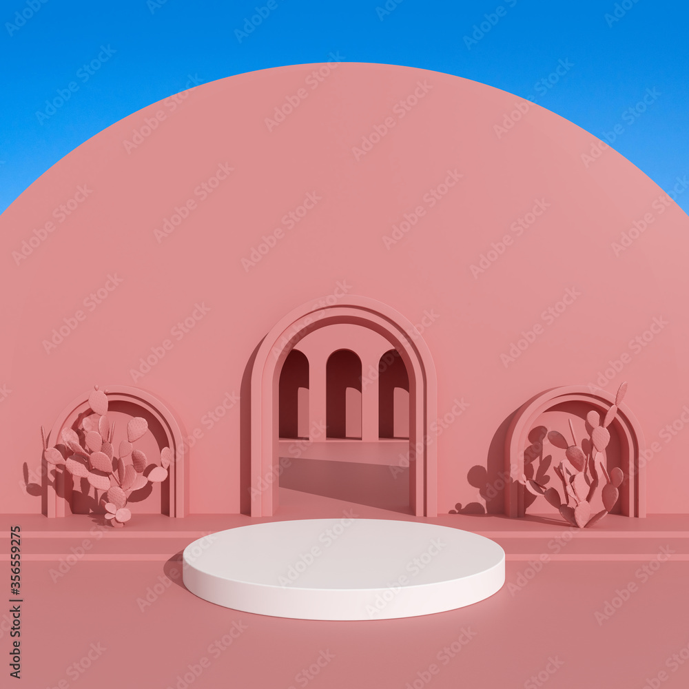 Aufkleber Minimal style of abstract architectural building with arch, Podium mock up for product presentation,3D rendering.