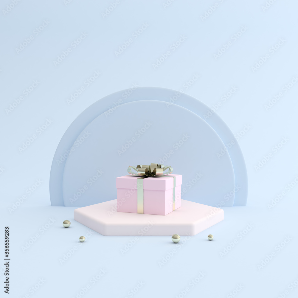 Poster Mock up of present box on podium in minimal style on geometric background, pastel colors. 3D rendering 