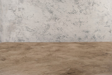 Image of textural table in front of abstract blurred background. Empty textural table platform over background for present product. Copy space.