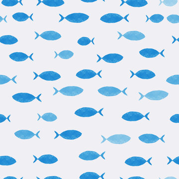 Vector watercolor group of fish under the sea pattern seamless on white background
