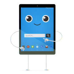 Tablet cartoon character. Search concept. 3d illustration with clipping path