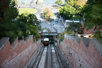Budapest funicular with Car BS1 Margit for bring Hungarians people and foreign travelers travel visit at Budapest Castle Hill or Buda Castle Royal Palace in Budapest, Hungary