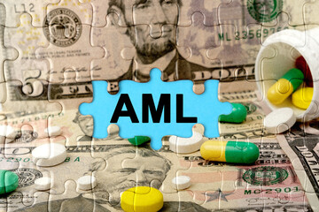 Double exposure. Puzzles depicting pills and dollars with the inscription -AML
