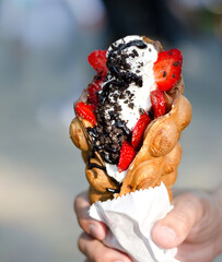 Hong Kong style egg bubble waffles in male hand. Delicious bubble waffle with ice cream strawberry...
