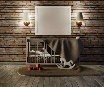An empty frame over the crib. Night interior with a brick wall. Children's toys on the floor. 3D rendering.