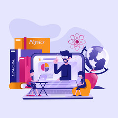 Online education and graduation. Online teacher on computer monitor. Webinar and video seminar learning vector concept. Vector illustration