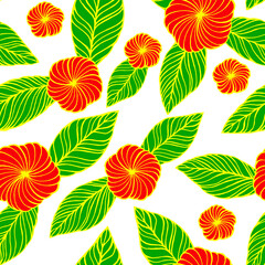 Fototapeta na wymiar Seamless pattern tropical leaf and flower background. Hand drawn vector illustration. Perfect for greetings, invitations, manufacture wrapping paper, textile, web design.