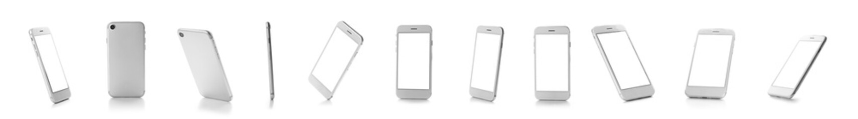 Set of mobile phones on white background