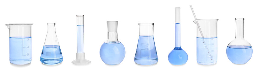 Set of laboratory glassware on white background