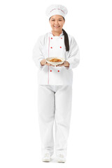 Beautiful Asian chef with dish on white background