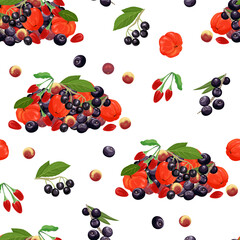 Different tropical berry seamless pattern. Acerola, maqui berry, acai and goji isolated on white background. Vector illustration in cartoon flat style. Food background.