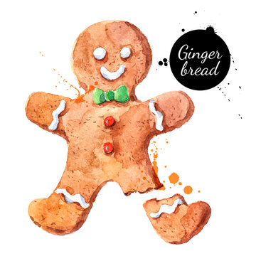 Watercolor Hand Drawn Sketch Christmas Cookie Gingerbread Man. Vector Isolated Illustration On White Background