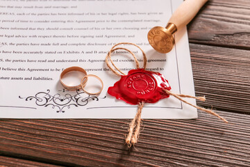 Marriage contract with wax seal stamp and wedding rings on table
