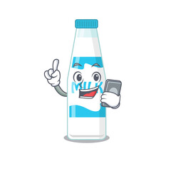 Bottle of milk caricature character speaking with friends on phone