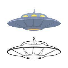 Set of outline and colorful flat UFO. Various Flying saucer. Unknown flying object. Guest from space. Vector object for icon, logo, card, banner and your creativity