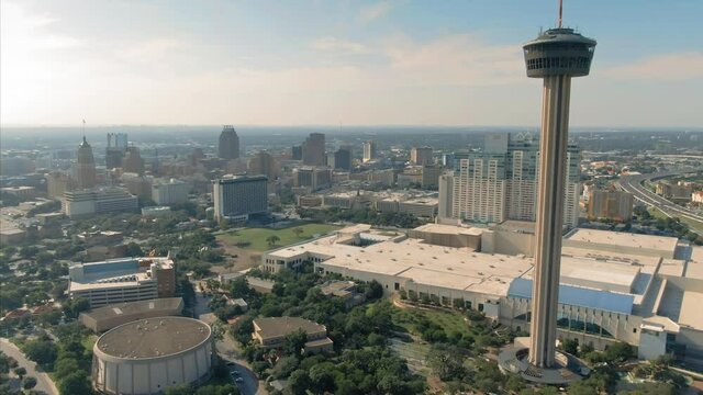 Aerial: Tower of The Americas in downtown San Antonio. Texas, USA