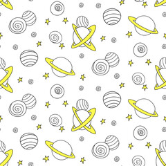 Baby seamless pattern. Cartoon planets and stars in space. Vector Cosmic background and texture. For kids design, fabric, wrapping paper, wallpaper, textile, apparel © Iuliia