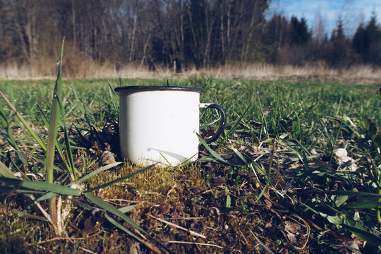 Enamel white mug on grass forest ground mockup stock photo. Outdoor tea. White metal cup. Rustic scene, product mock up template. Lifestyle relax, trekking and camping concept.