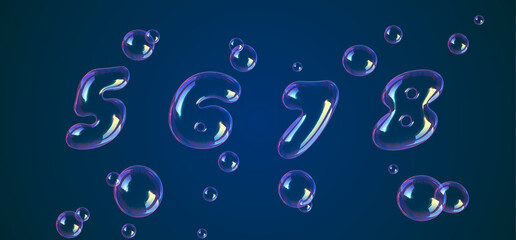 Bubbles font number 5, 6, 7, 8 in the air or water. Realistic 3D rendering typography for your unique headline, graphic design in several concept idea ; Healthy, Air Borne, Virus, Covid-19, Corona