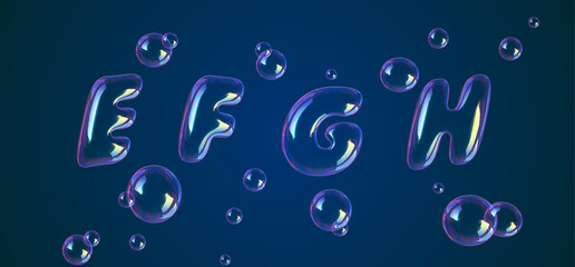 Bubbles font alphabet e, f, g, h in the air or water. Realistic 3D rendering typography for your unique headline, graphic design in several concept idea ; Healthy, Air Borne, Virus, Covid-19, Corona