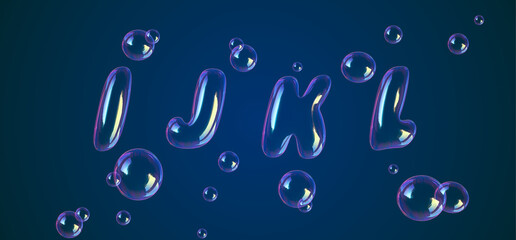 Bubbles font alphabet i, j, k, l in the air or water. Realistic 3D rendering typography for your unique headline, graphic design in several concept idea ; Healthy, Air Borne, Virus, Covid-19, Corona
