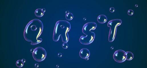 Bubbles font alphabet q, r, s, t in the air or water. Realistic 3D rendering typography for your unique headline, graphic design in several concept idea ; Healthy, Air Borne, Virus, Covid-19, Corona