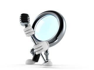Magnifying glass character singing into microphone