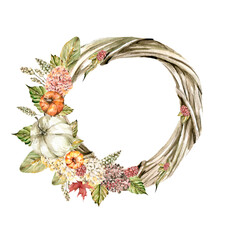 Autumn. A wreath of branches, with pumpkins, flowers, leaves