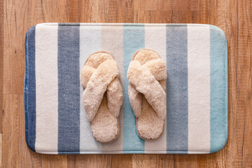 Fototapeta na wymiar Pair of soft slippers on rug