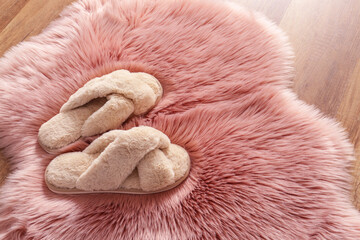 Pair of soft slippers on fluffy rug