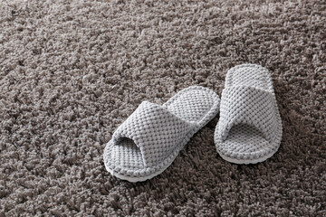 Pair of soft slippers on carpet in room