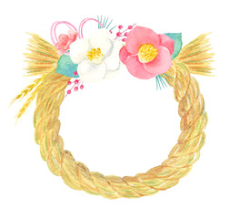 正月飾り　しめ縄リースの水彩イラスト