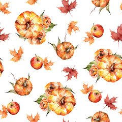 Hand painted watercolor autumn pattern of flowers, pumpkins, apples, leaves, berries, branches. Pattern perfect for fabric textile, vintage paper, scrapbooking