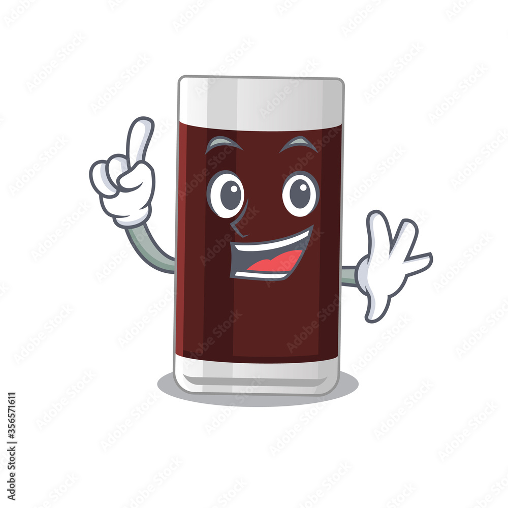 Poster Glass of chocolate caricature design style with one finger gesture