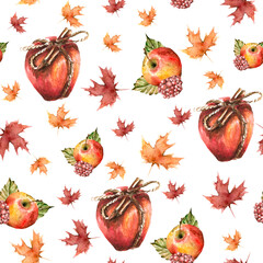 Hand painted watercolor autumn pattern of apples, berries,  leaves, branches. Pattern perfect for fabric textile, vintage paper, scrapbooking