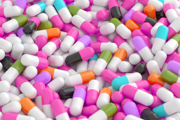 A bunch of colorful capsules. Multiple medicines. Many drugs of different colors. Illustration for a pharmacy or covid. 3D rendering.