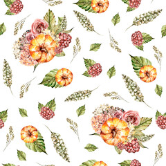 Hand painted watercolor pattern of orange pumpkins with green leaves, red flowers, berries. Seamless pattern perfect for fabric textile, vintage paper, wedding invitation or scrapbooking