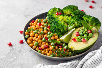 Healthy vegetable lunch of broccoli, roasted chickpeas, avocado, green peas, pomegranate seeds, lime and mint on a ceramic plate. Vegan food, clean eating or dieting concept. Close up.