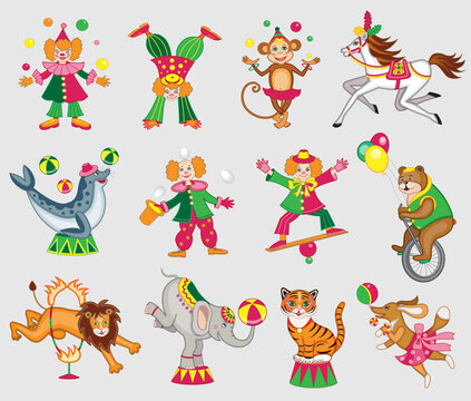 set of cute circus animals (vector illustration)