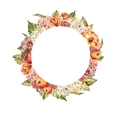 Hand painted watercolor autumn frame with  pumpkins, yellow leaves, red flowers, berries, branches, apples. Set perfect for fabric textile, vintage paper, wedding invitation or scrapbooking