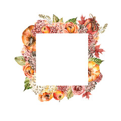 Fototapeta premium Hand painted watercolor autumn frame with pumpkins, yellow leaves, red flowers, berries, branches, apples. Set perfect for fabric textile, vintage paper, wedding invitation or scrapbooking